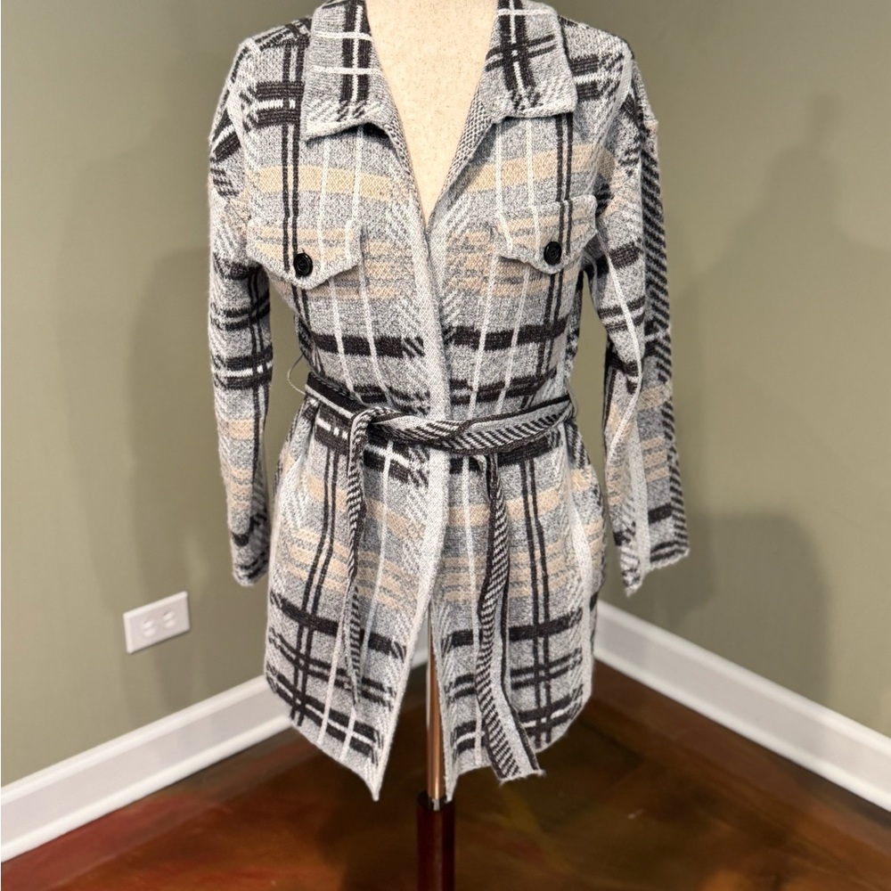Plaid Belted Women's Sweater - Black, Gray, Cream